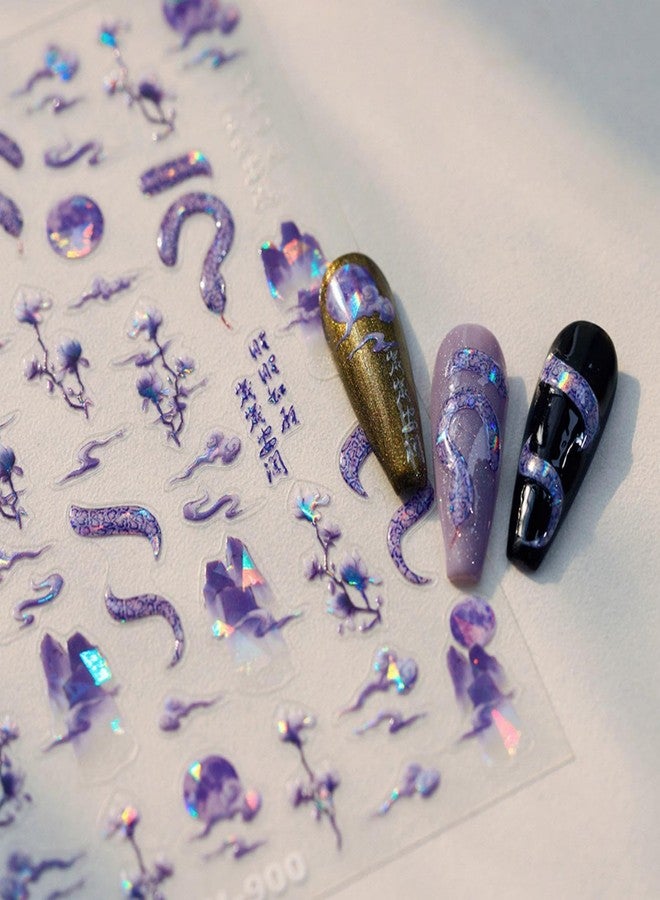 Maigitur 5D Embossed Snake Nail Stickers Purple Nail Art Stickers Self-Adhesive Mountain Nail Decals Chinese Style for Nail Art Flower Moon Nail Supplies Spring Stickers for Women Girls DIY Manicure - Image 1